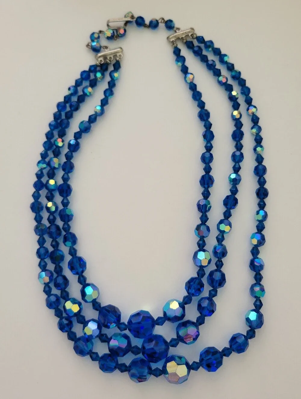 Vintage AB Crystal Beaded Necklace Blue Choker Graduated Faceted 3 Strand 18